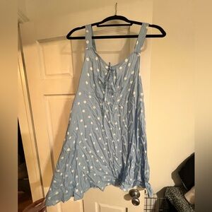 blue and white polka dot dress
